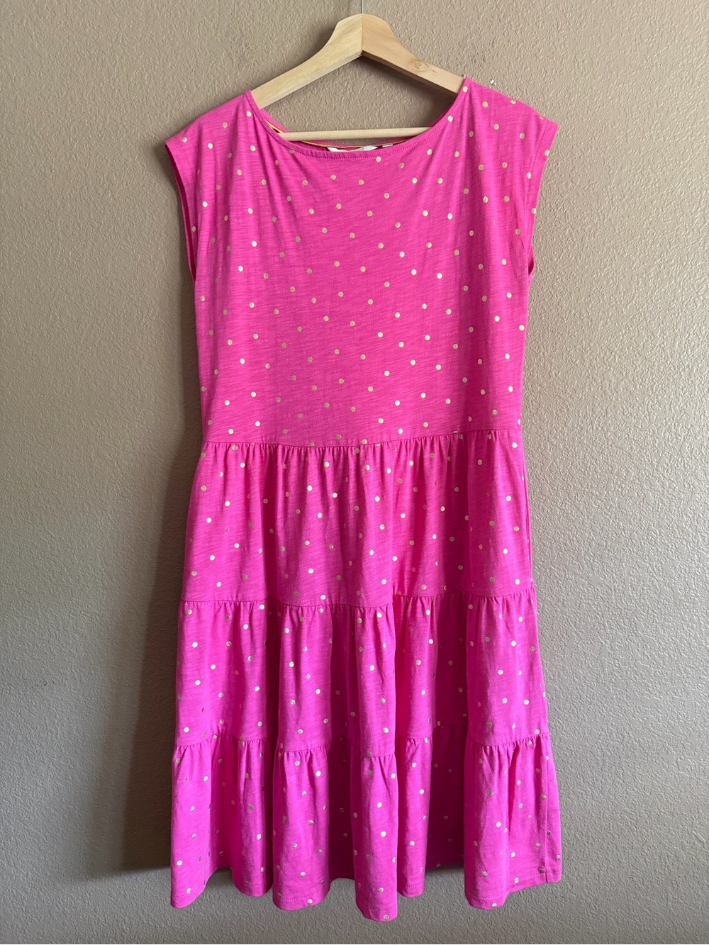 Boden Hot Pink Tiered Dress with Gold Polka Dots Size 6